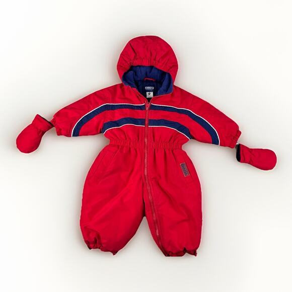 Vintage OshKosh B’gosh Baby Snowsuit 12M Red Navy Hooded One Piece Winter - Picture 1 of 16
